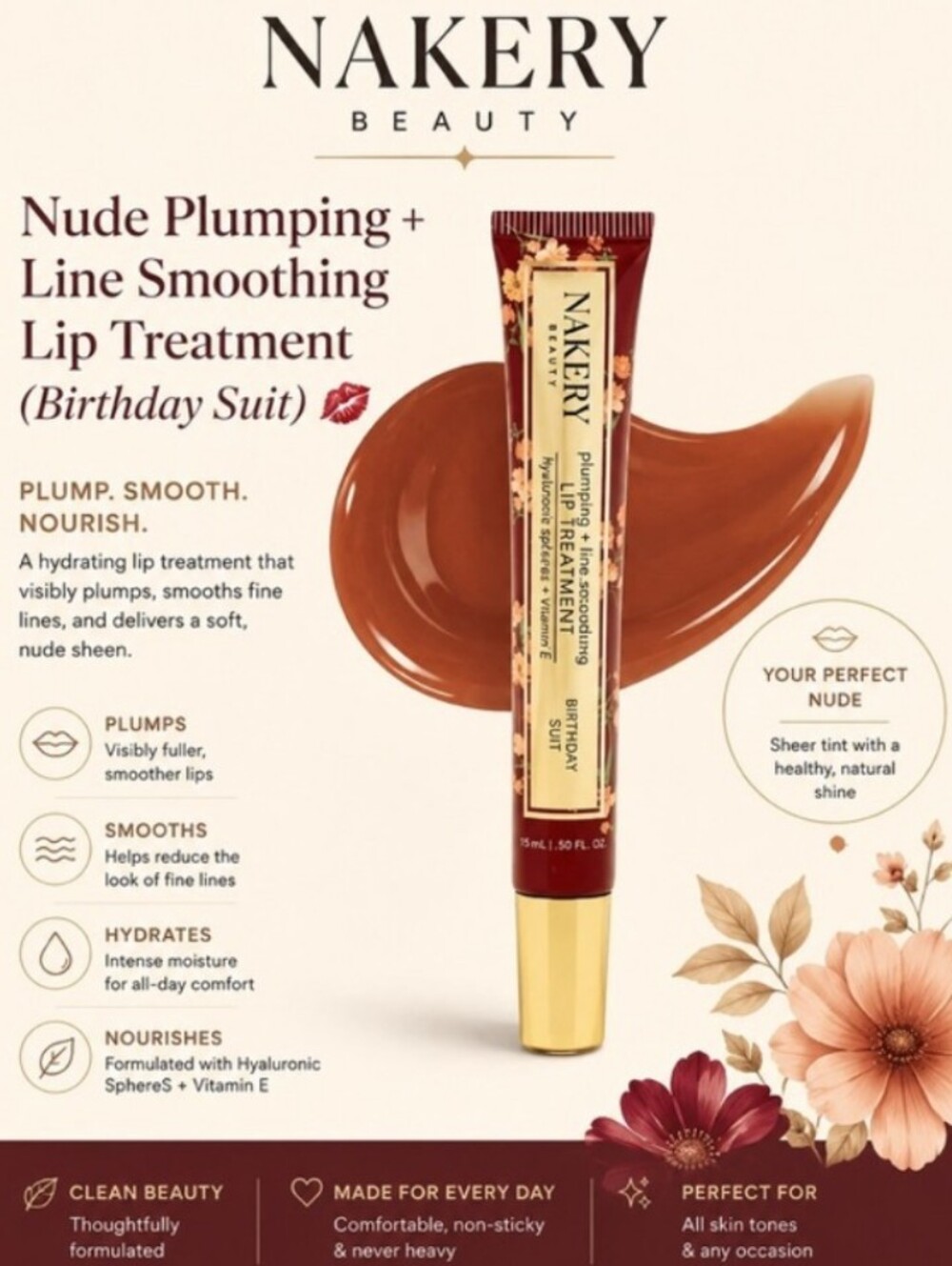 💋 Nakery Beauty Nude Plumping + Line Smoothing Lip Treatment (Birthday Suit) 💋